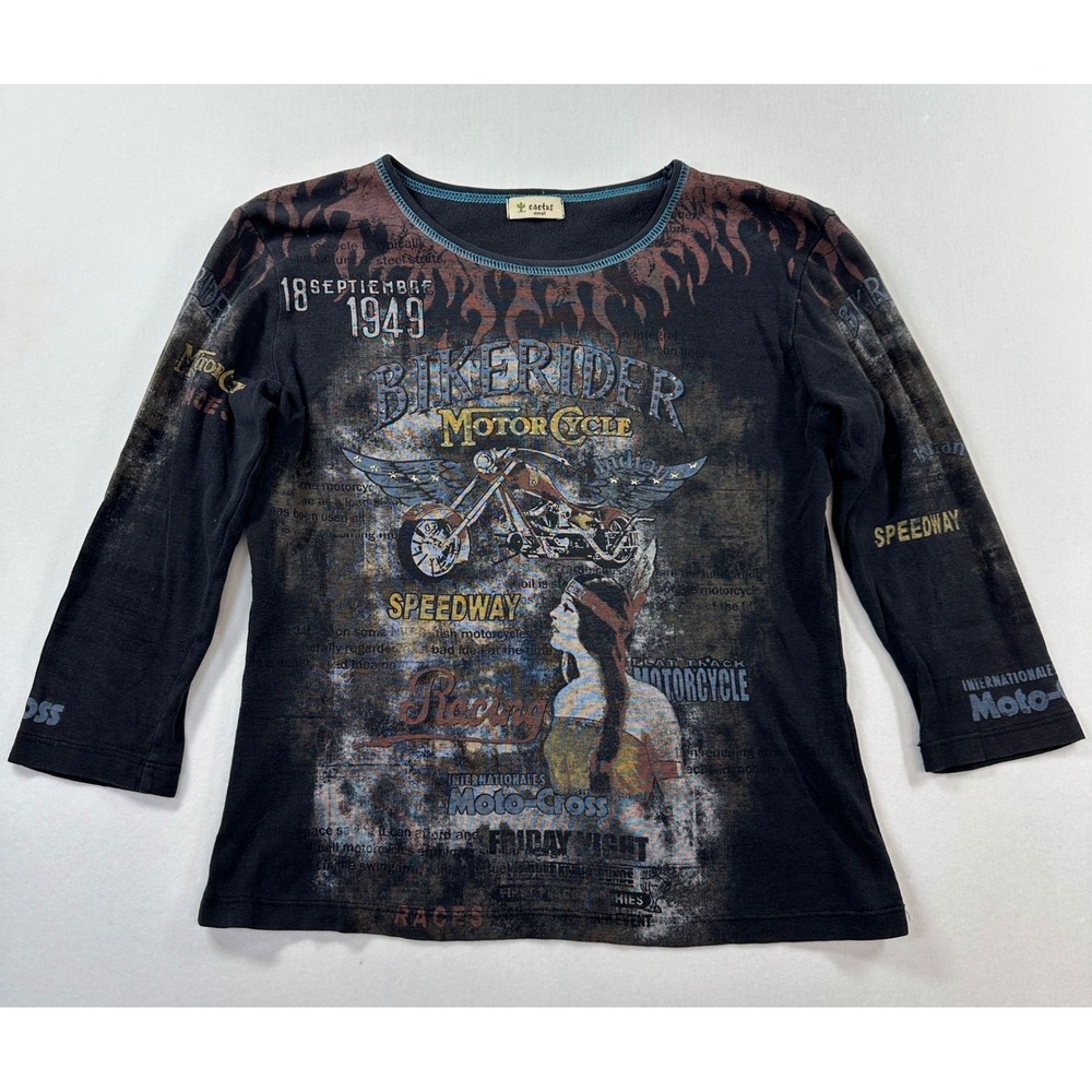 Vtg 90s‎ Y2K Cactus Biker Motorcycle Graphic Top Faded Black Studded Small Shirt